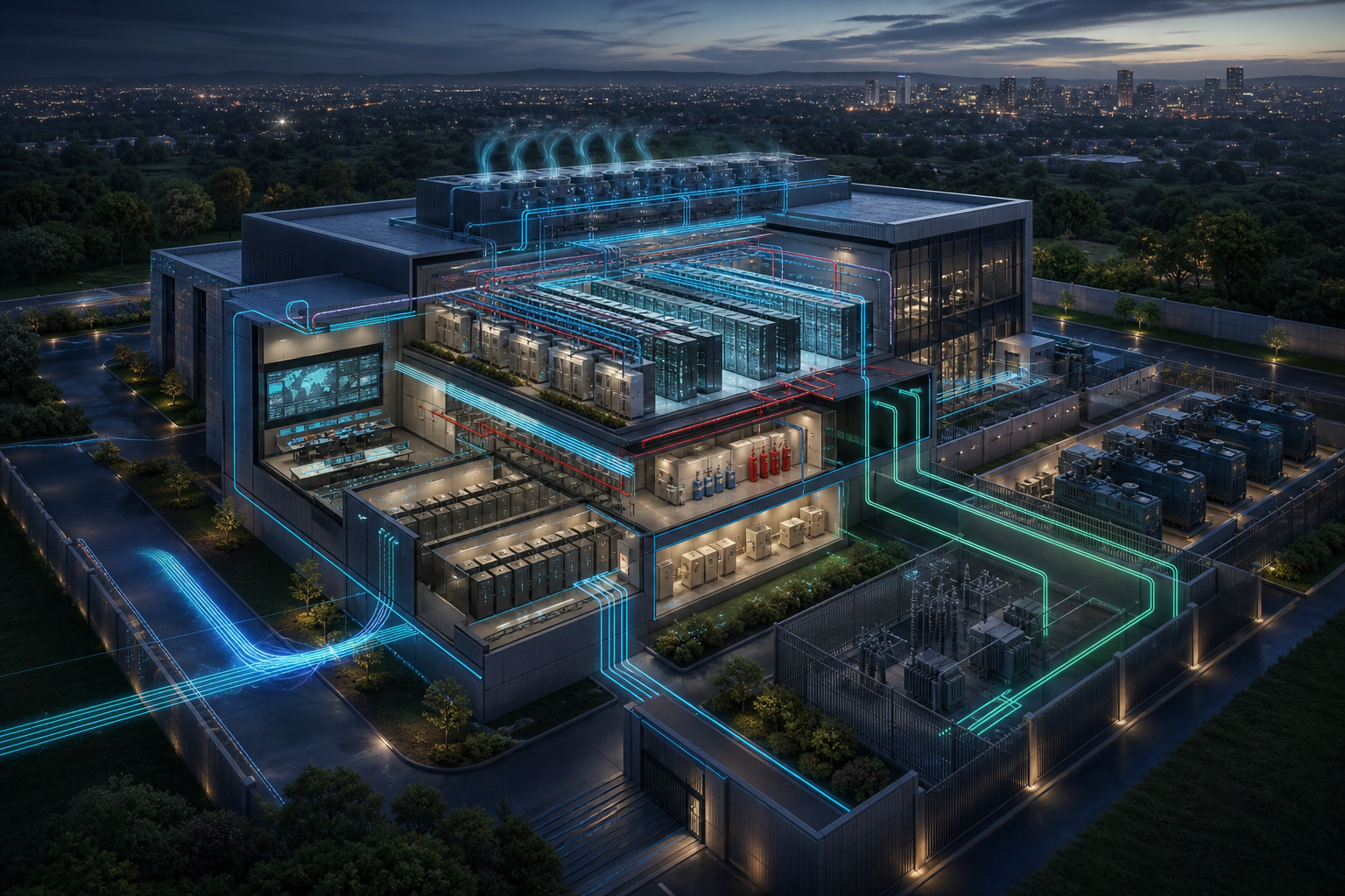 Original conceptual render of a fictional data centre showing coordinated cooling, electrical, fire and digital infrastructure